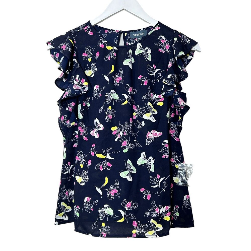 Modcloth Equal Reaction Butterfly Ruffled Sleeve Blouse Navy Blue Women XXS NWT